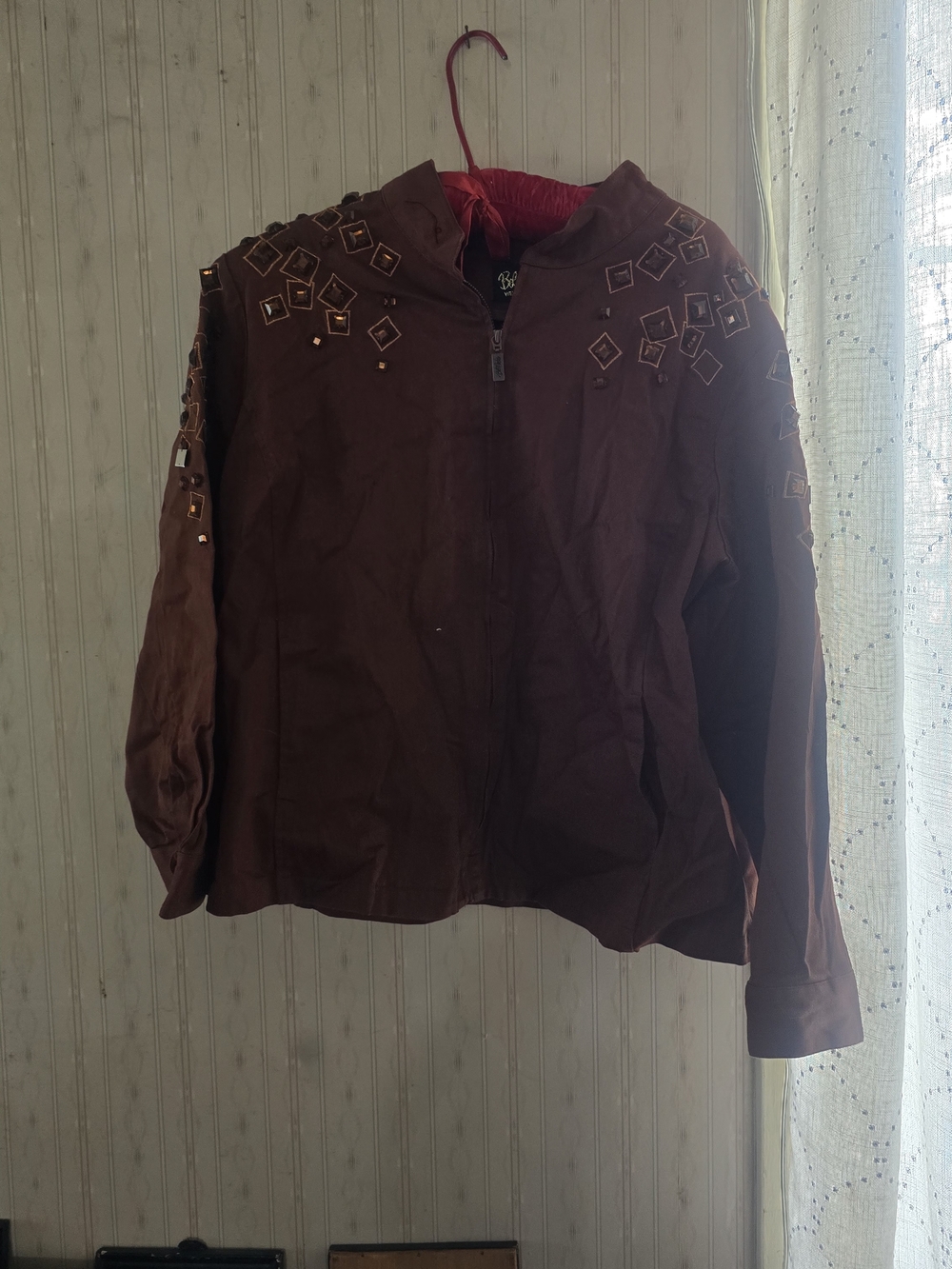 VINTAGE Women's Embellished Zip-Front Hooded Jacket - Burgundy